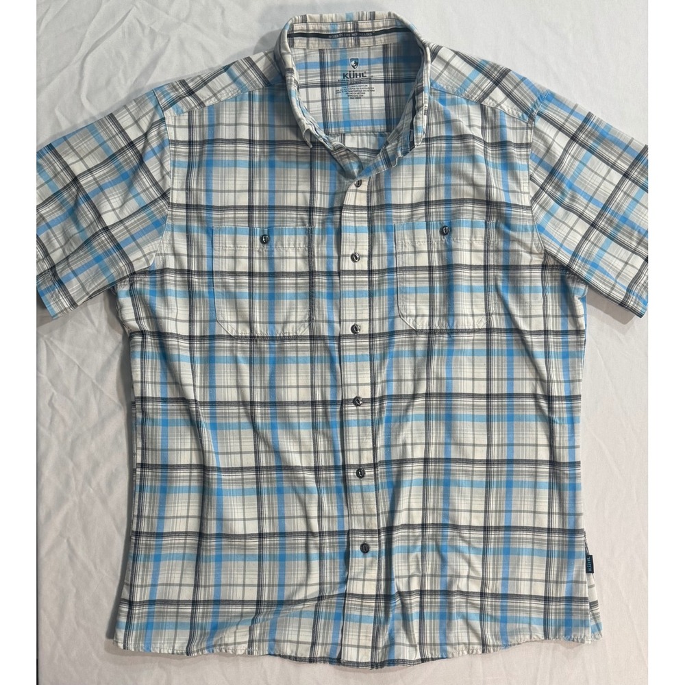 Kuhl Mens Large Short Sleeve Plaid Button Down Shirt Blue White Grey Hiking